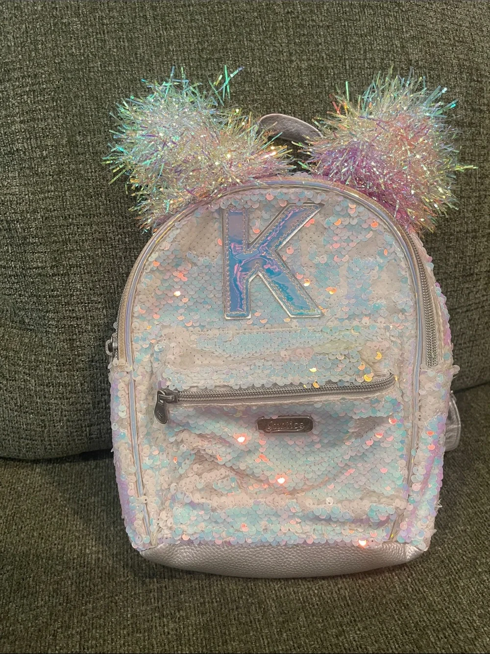 Justice Iridescent Sequin Mini Backpack with Pastel Pom Poms